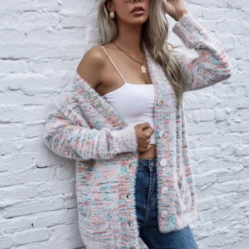 Button Front Patch Pocket Fuzzy Knit Cardigan